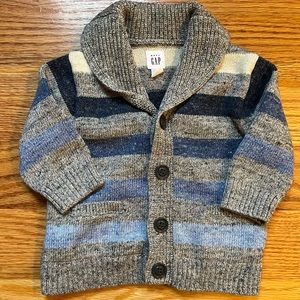 Baby Gap gray and blue striped cardigan knit sweater size 3-6 months